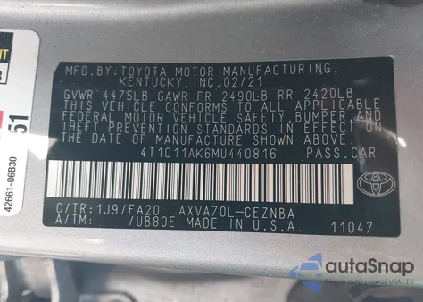 2021 Toyota Camry Le z USA, uszkodzony, nr VIN 4T1C11AK6MU440816